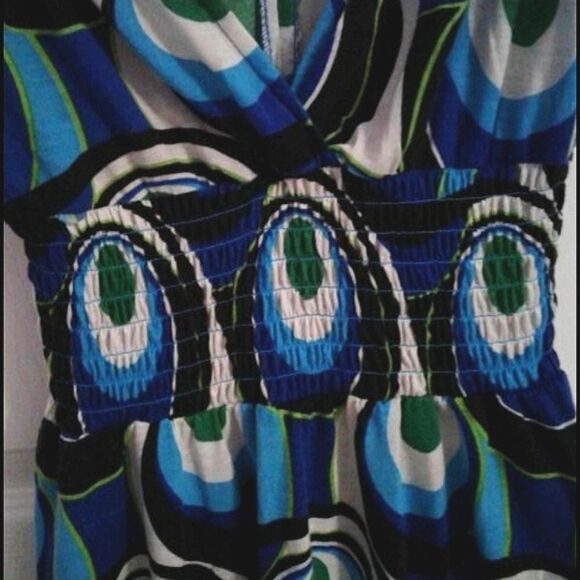 Retro Y2K Colorful  Peacock Print Smocking Flare Mini Dress - Picture 3 of 6